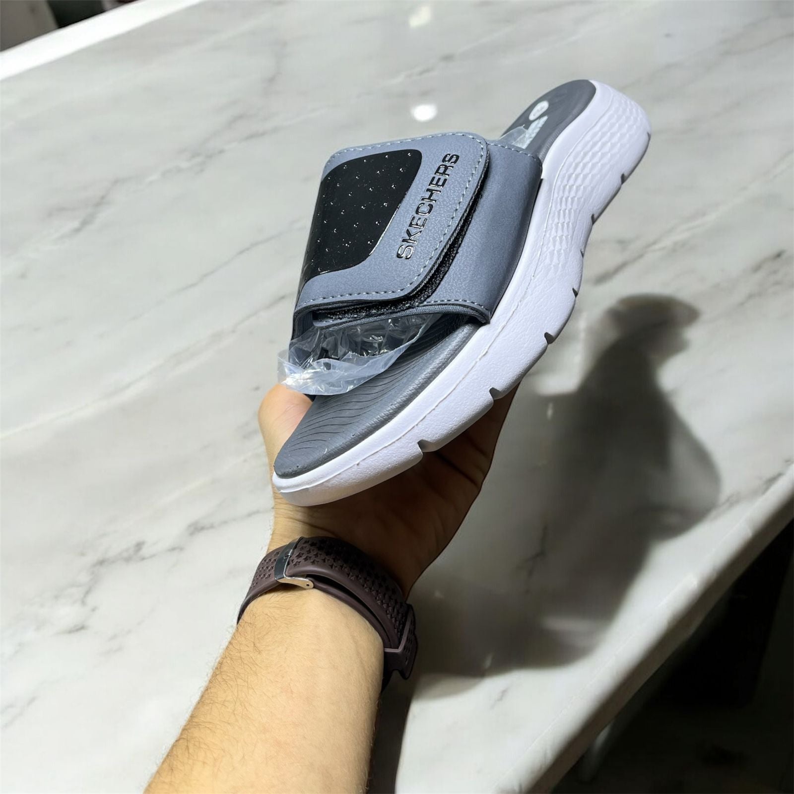 SKECHER LATEST ADJUSTABLE SLIDES (WHITE+GREY)